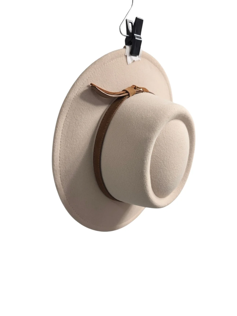 Wool Fedora Hat Womens Vintage Cream Felt Wide-Brim Hat with Brown Band